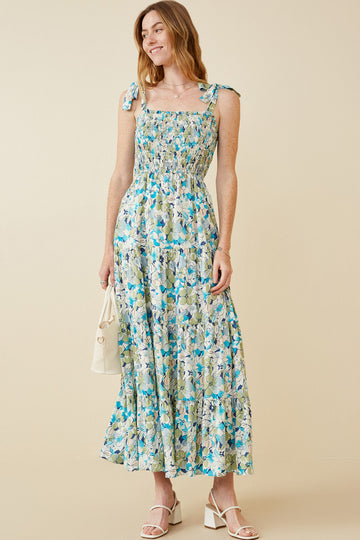 HY6830 BLUE Womens Floral Smoccked Bodice Tie Shoulder Dress Full Body